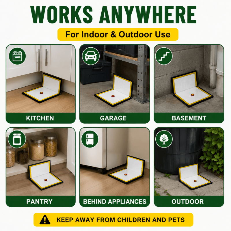 Mouse glue trap boards shown for indoor and outdoor areas