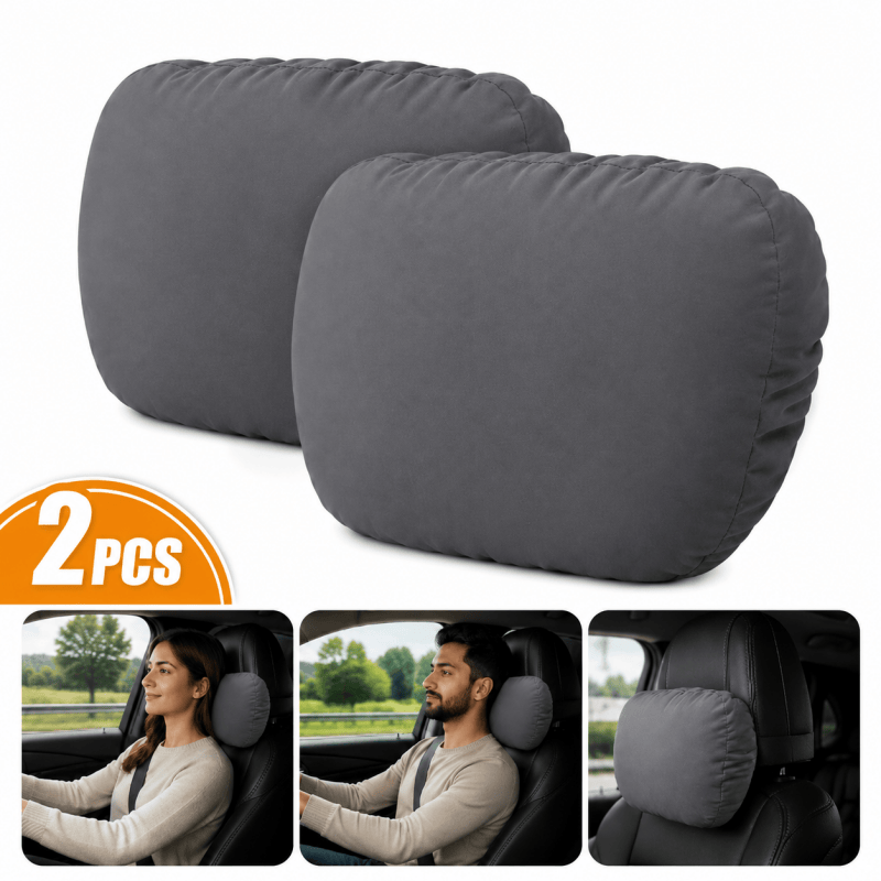 2-pack grey ergonomic car headrest neck support cushions, rounded bolsters, front view pair