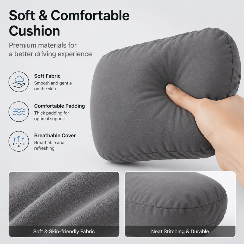 Grey padded car neck support cushion, close-up with fabric texture and hand pressing