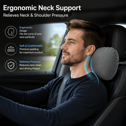 Grey car neck support pillow on headrest, padded curved cushion for driver comfort