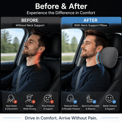 Grey neck support cushion on car headrest, before-and-after comfort comparison split view
