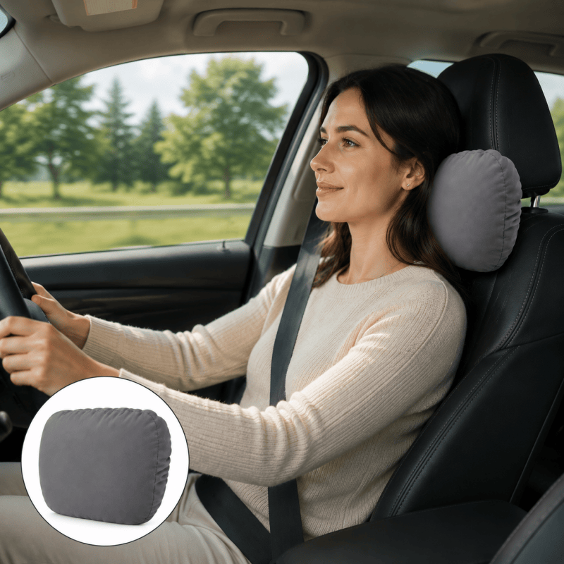 Grey car neck support cushion with driver, curved padded headrest bolster in seat view