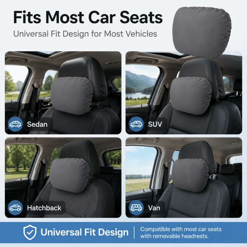Grey universal car headrest neck support cushions, shown on multiple vehicle seat types