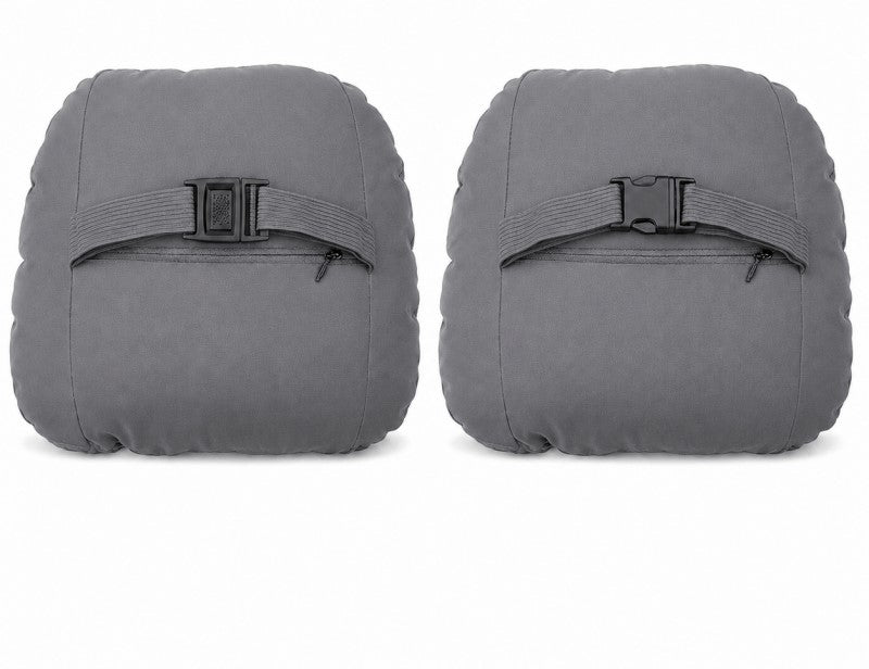 Pair of grey car headrest neck support cushions with adjustable strap buckles, rear view
