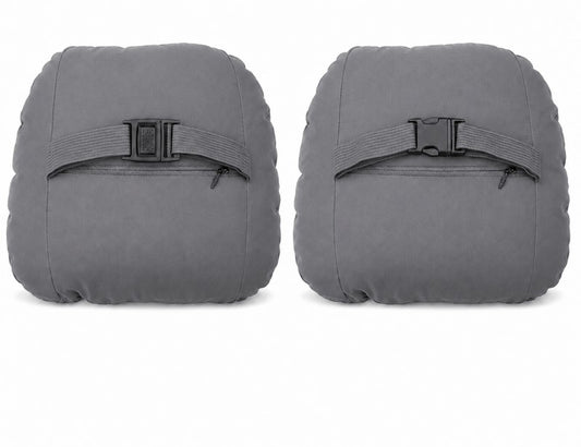 Pair of grey car headrest neck support cushions with adjustable strap buckles, rear view