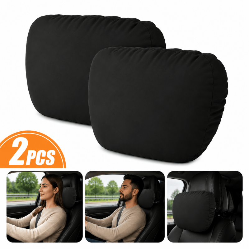 Set of 2 black headrest neck support cushions, rounded ergonomic pads