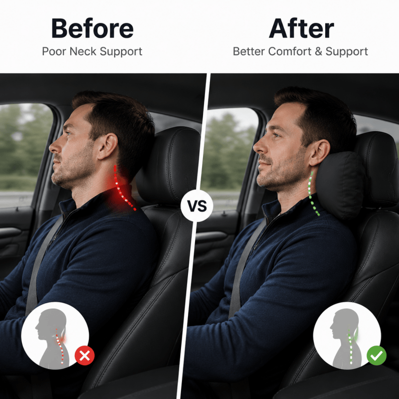Black headrest neck support cushion on seat, improved neck comfort during driving