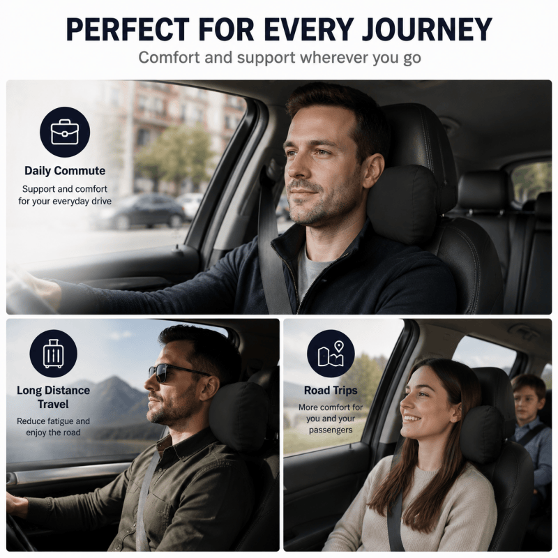 Black car headrest neck support cushion fitted to front seat for driving comfort