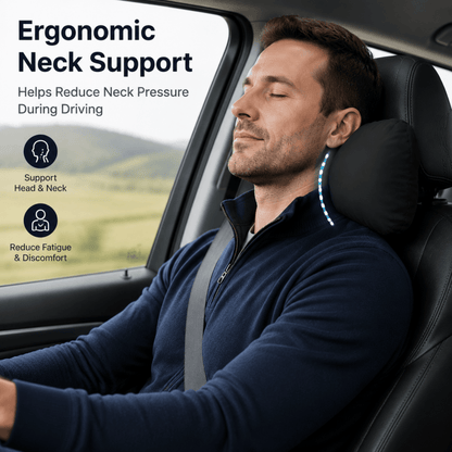 Black neck support headrest cushion on car seat, supports driver's head and neck