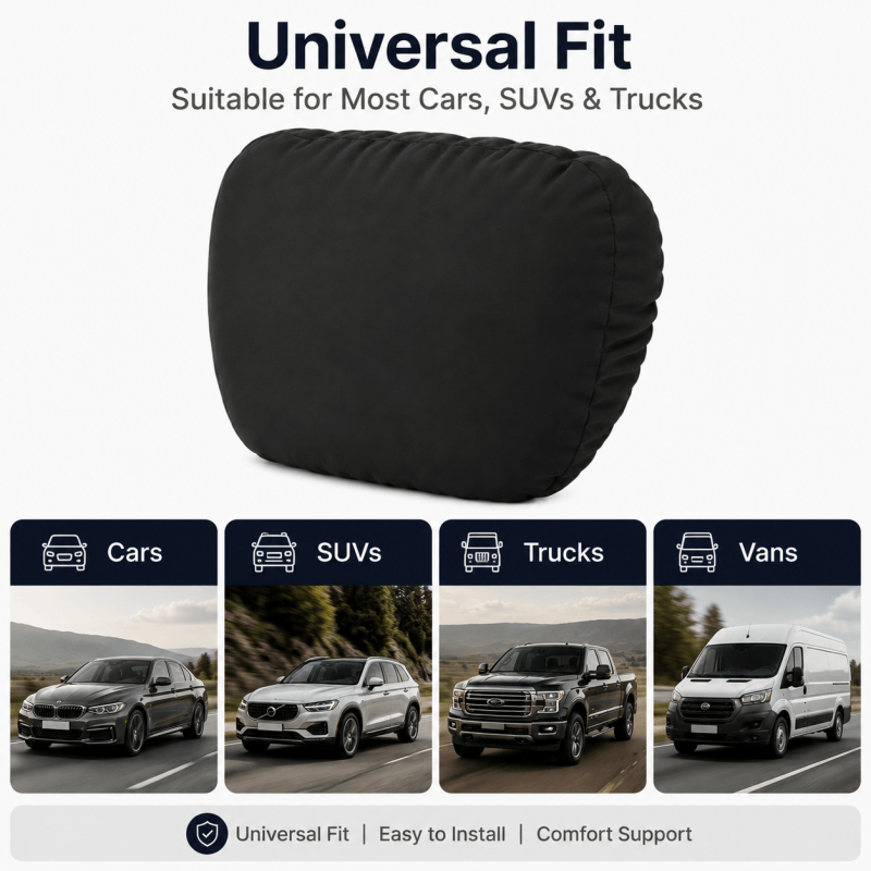 Black universal headrest neck support pillow cushion, rounded padded design