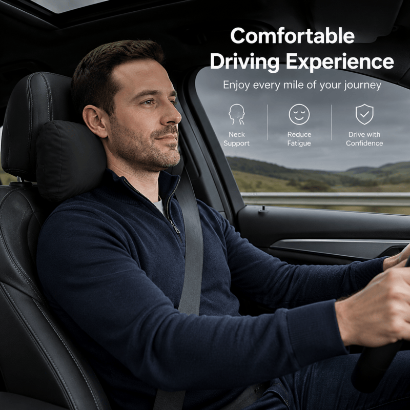 Black car headrest neck support cushion on front seat, ergonomic driving pad