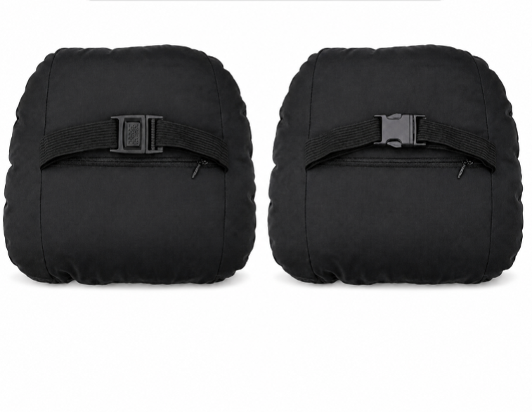 Black headrest neck support cushion pair, adjustable strap with buckle detail