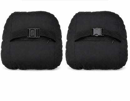 Black headrest neck support cushion pair, adjustable strap with buckle detail