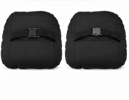 Black headrest neck support cushion pair, adjustable strap with buckle detail