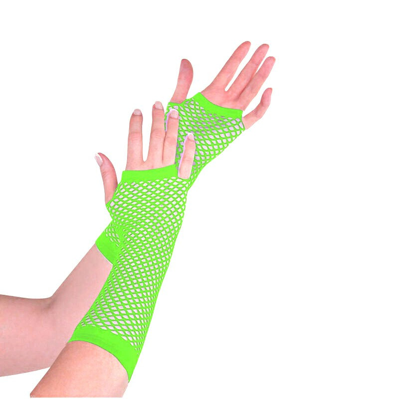Neon green fishnet lace fingerless gloves worn on hands, long sleeves