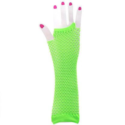 Neon green long fingerless fishnet lace gloves, open-finger style