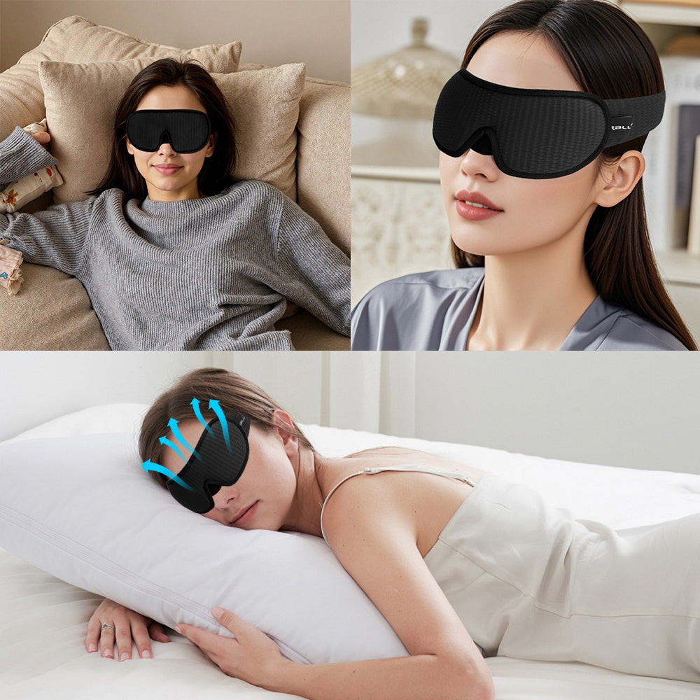 Black sleeping eye mask worn by person, covering eyes with elastic strap