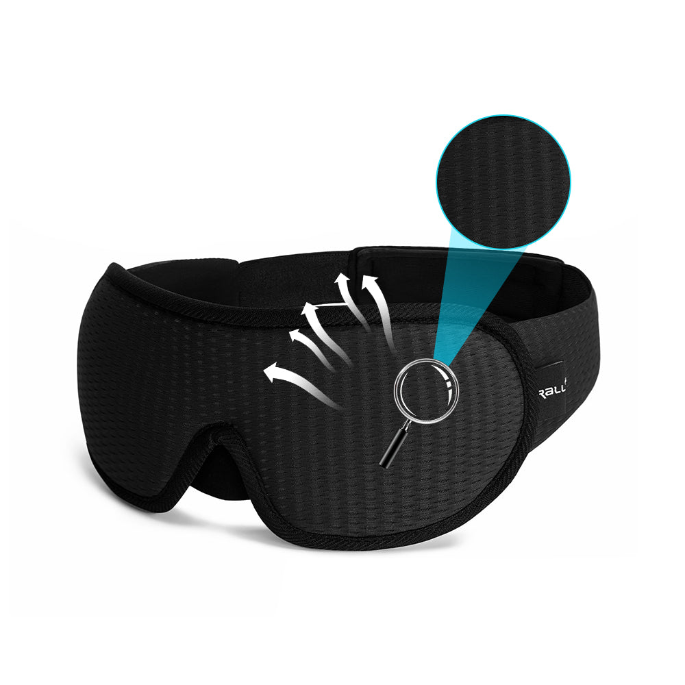 Black 3D sleeping eye mask with side grommet detail and curved cups
