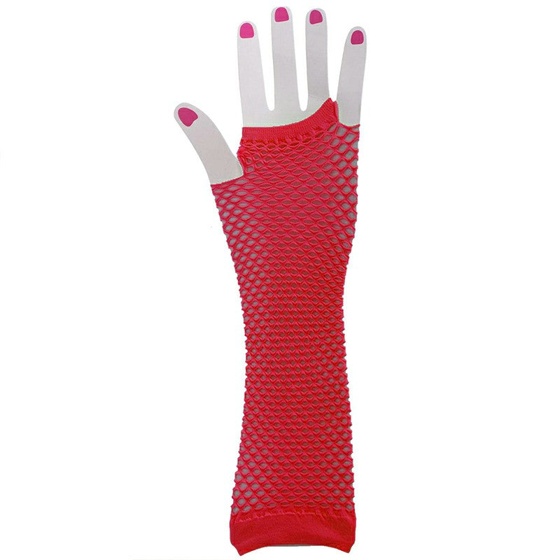 Red long fingerless fishnet lace glove with open-finger design