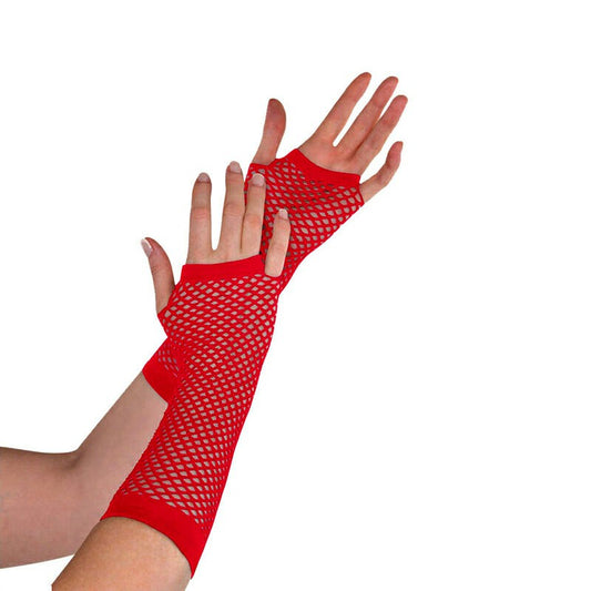 Red long fingerless fishnet lace gloves with open fingertips