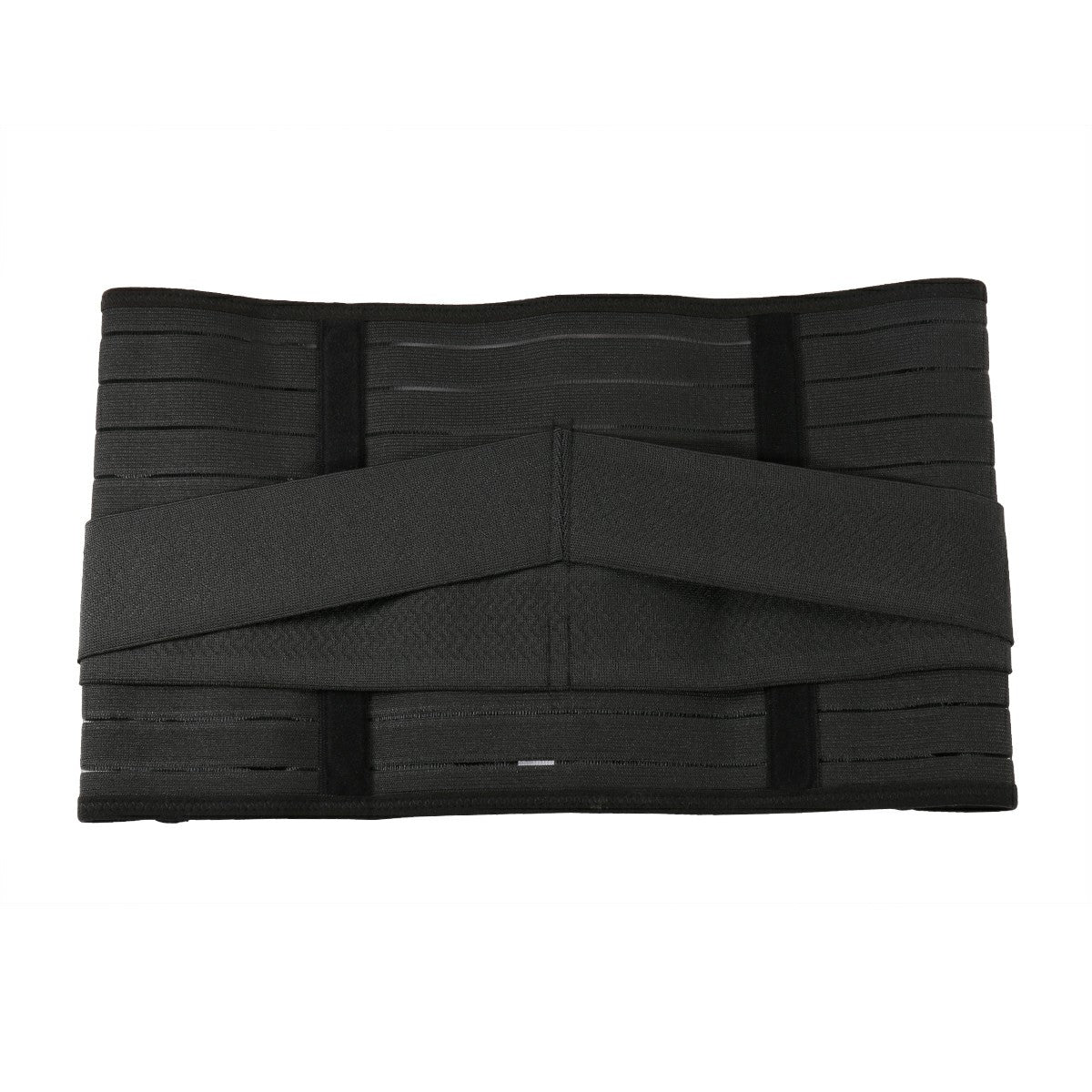 Black postpartum tummy support corset belt, back view with reinforced bands