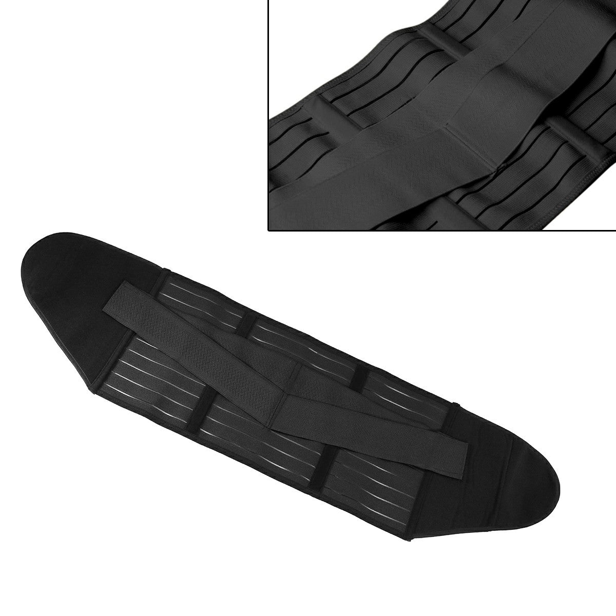 Black waist shaper corset belt laid flat, with multiple support bands and adjustable strap