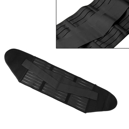 Black waist shaper corset belt laid flat, with multiple support bands and adjustable strap