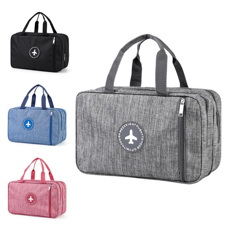 Color options wet and dry toiletry bags shown in black, gray, blue, and red, with zippers.