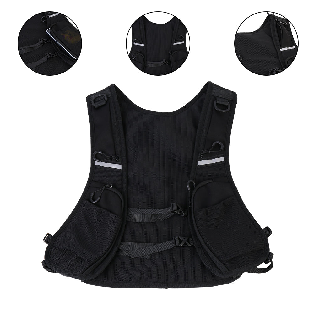 Black hydration vest bag with multiple front pockets and reflective chest stripe