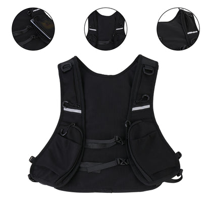 Black hydration vest bag with multiple front pockets and reflective chest stripe
