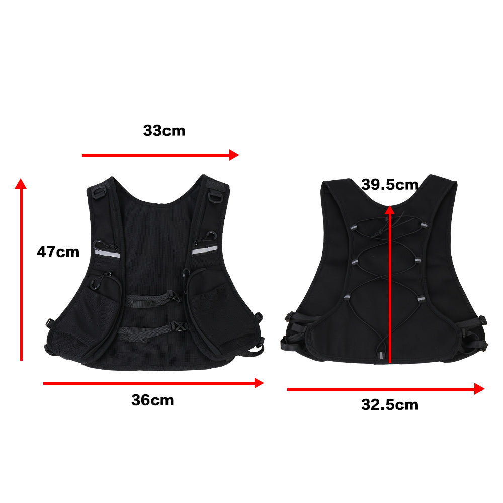 Black hydration vest bag with front pockets and reflective stripe, shown with size guides