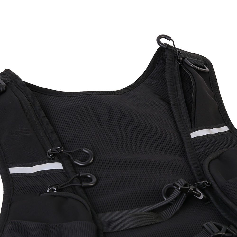 Black hydration vest with front zip pocket, hook loops, and reflective chest stripe