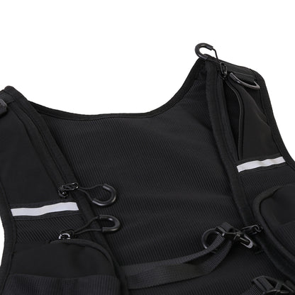 Black hydration vest with front zip pocket, hook loops, and reflective chest stripe