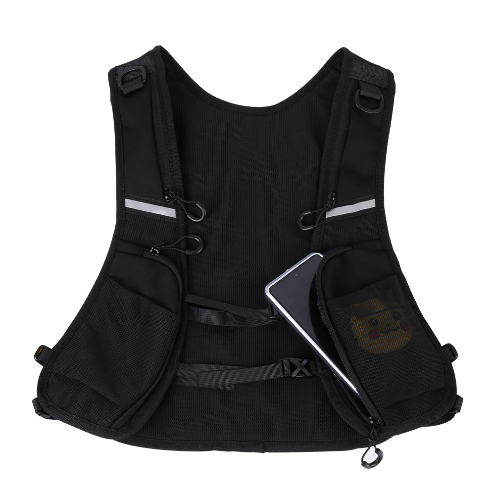 Black reflective hydration vest with zip phone pocket and adjustable straps