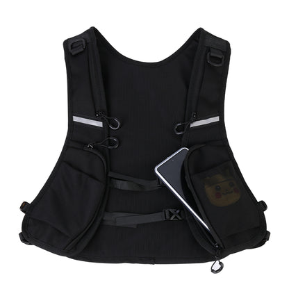 Black reflective hydration vest with zip phone pocket and adjustable straps