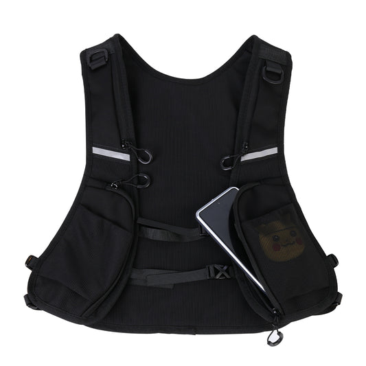 Black reflective hydration vest with zip phone pocket and adjustable straps