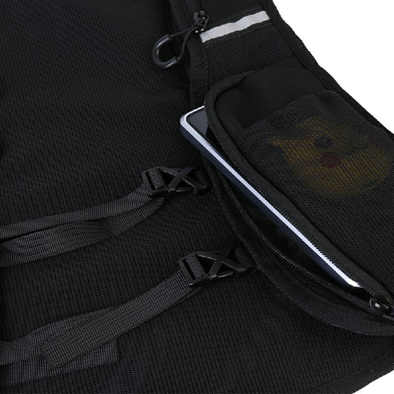 Black hydration vest with side zip pocket and clear phone pouch with reflective trim