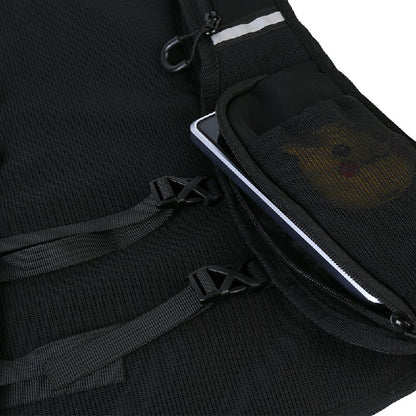 Black hydration vest with side zip pocket and clear phone pouch with reflective trim