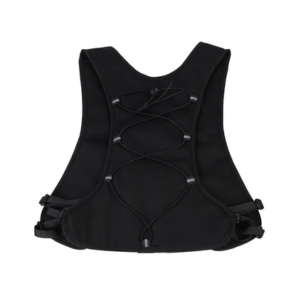 Black hydration vest with front lacing straps and central hydration tube opening