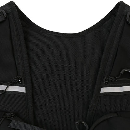 Black hydration vest chest panel with reflective stripe and top fastening straps