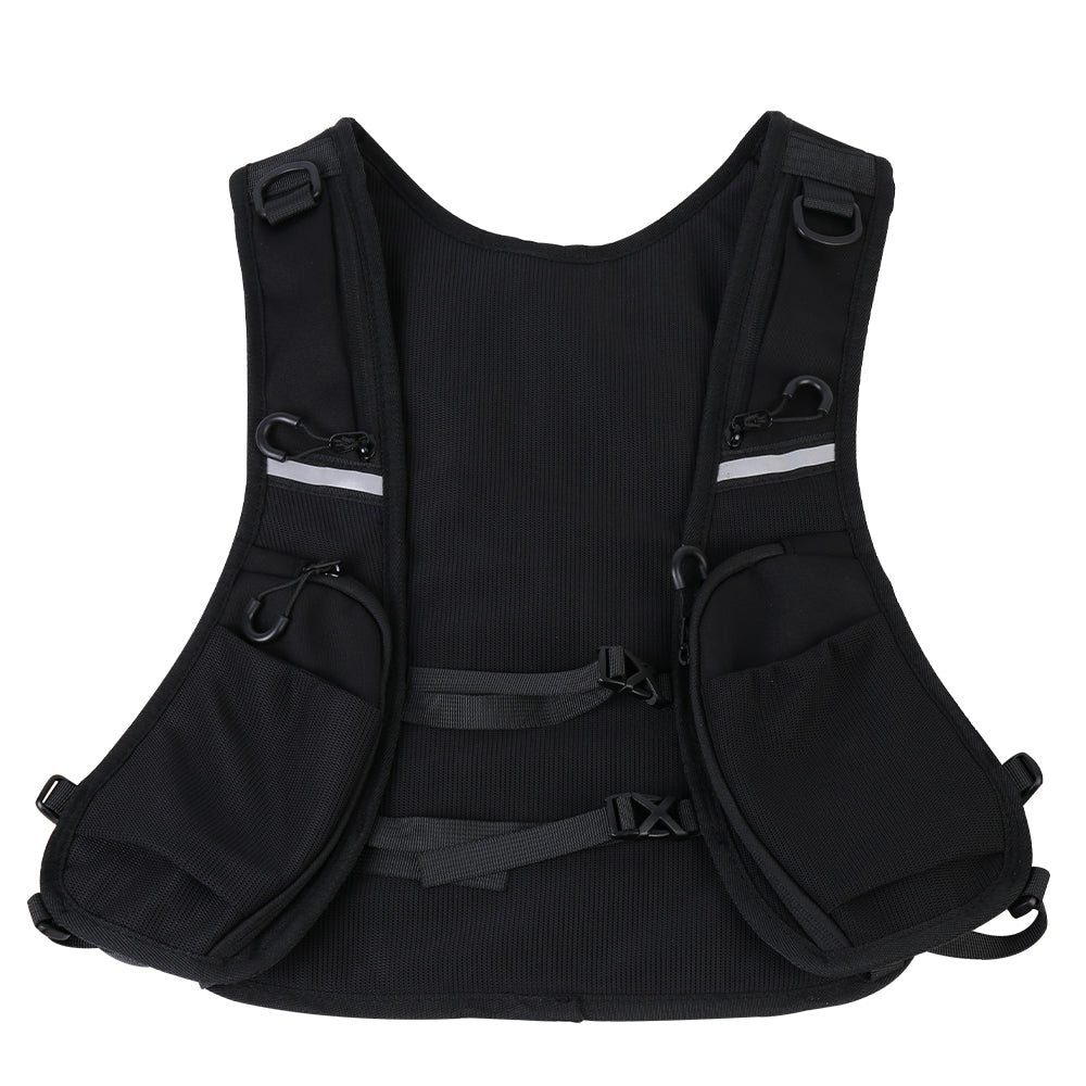 Black hydration vest bag with front organizer pockets, hook straps, and adjustable fit