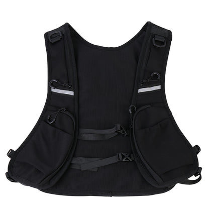 Black hydration vest bag with front organizer pockets, hook straps, and adjustable fit
