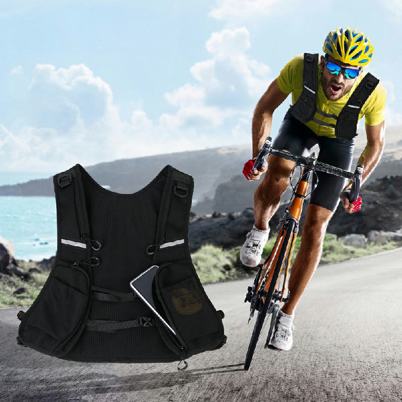 Black hydration vest bag on bike with front phone pocket and reflective stripe