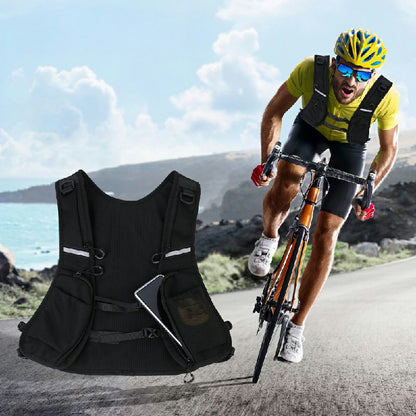 Black hydration vest bag on bike with front phone pocket and reflective stripe