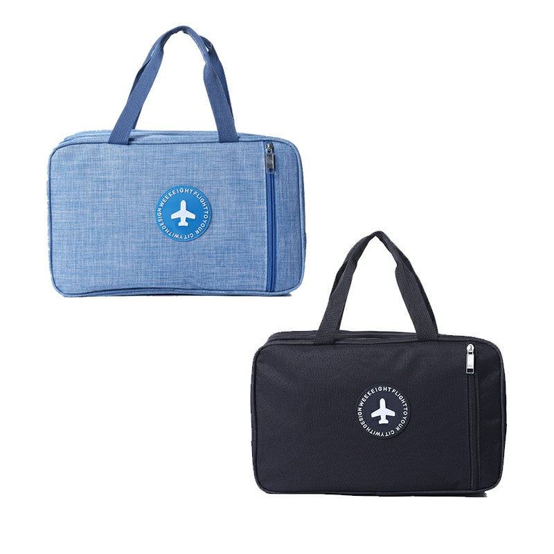 Light blue and black toiletry bags, each with top handle and zip closure