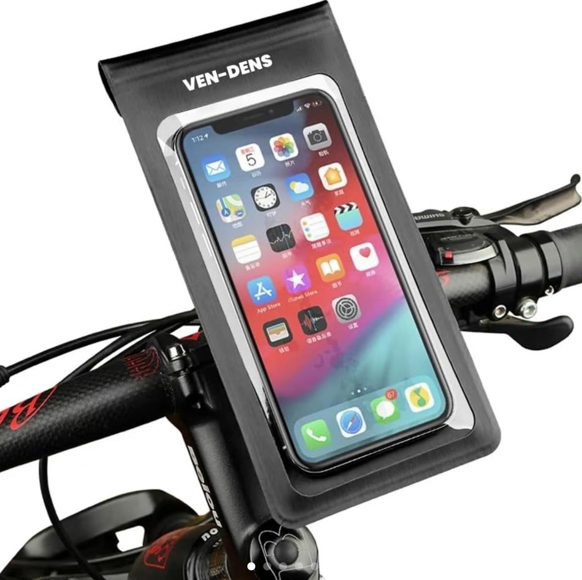 Black bicycle phone holder with clear touchscreen window and handlebar clamp mount