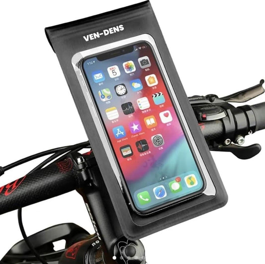 Black bicycle phone holder with clear touchscreen window and handlebar clamp mount