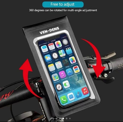 Black 360° adjustable bicycle phone case holder with clear screen window on handlebar