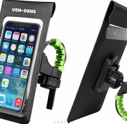 Black handlebar phone case holder with clear front window and green anti-slip rails