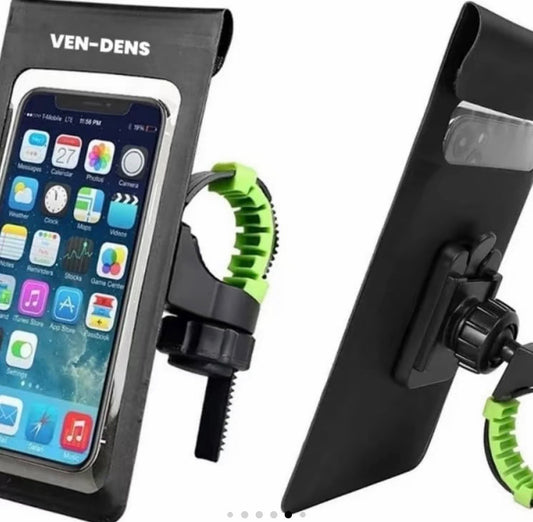 Black handlebar phone case holder with clear front window and green anti-slip rails